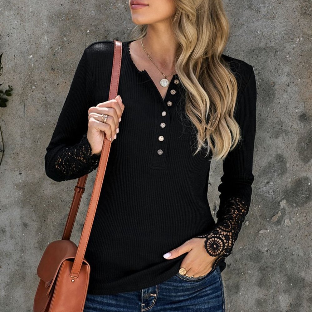 Black Crochet Lace Hem Sleeve Button Top - Picture 10 of 14